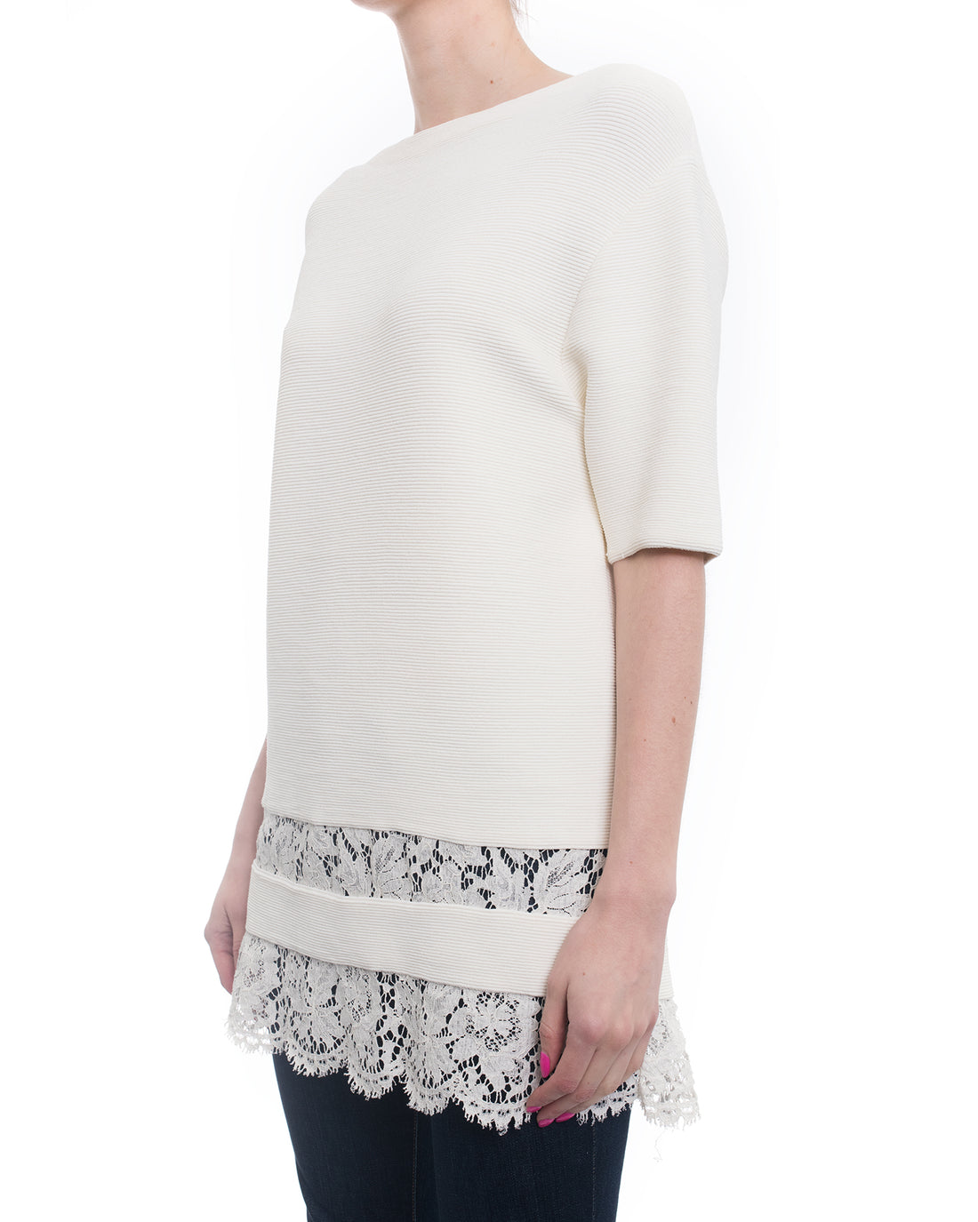 Valentino Cream Ribbed Knit Short Sleeve Top with Lace Hem - 8