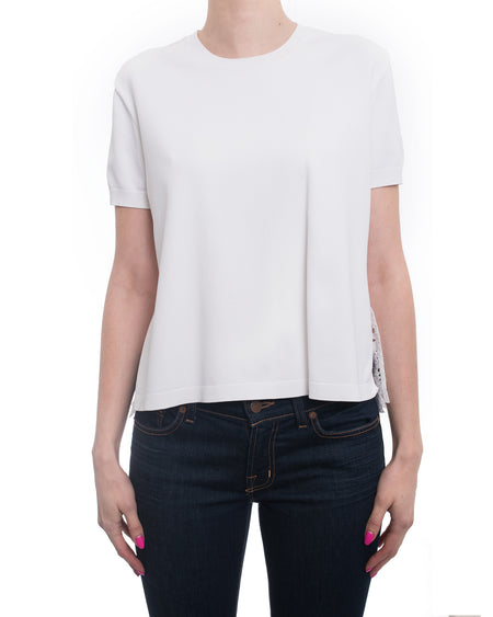 Valentino White Knit Short Sleeve Top with Eyelet Lace Back - M