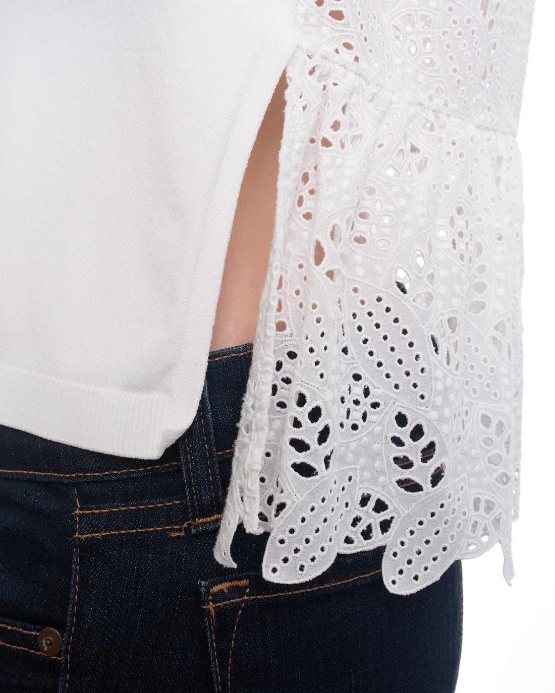 Valentino White Knit Short Sleeve Top with Eyelet Lace Back - M