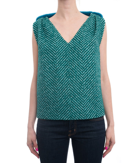 Prada Fall 2015 Runway Green Tweed Sleeveless Top with Blue Mink Trim - 6