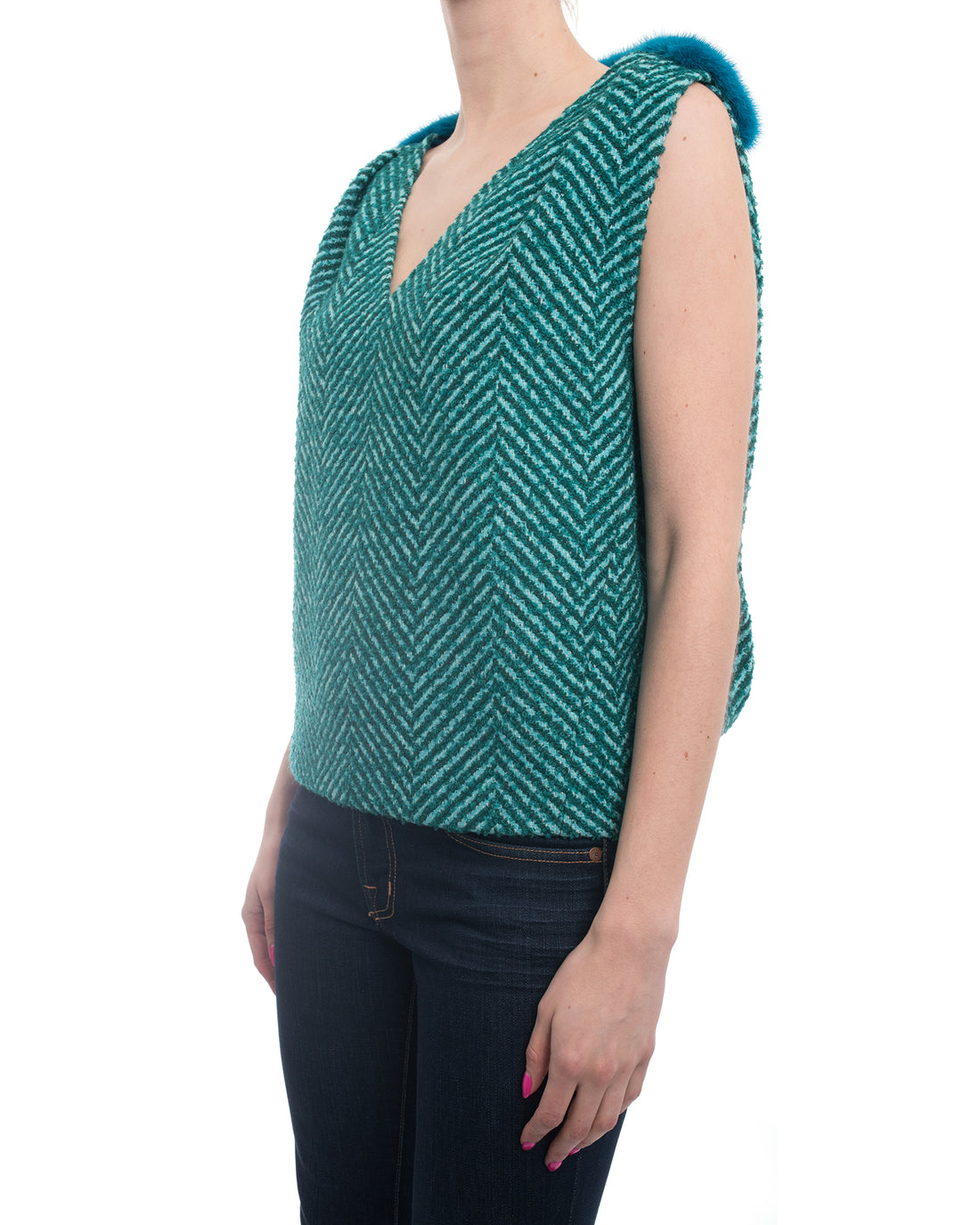 Prada Fall 2015 Runway Green Tweed Sleeveless Top with Blue Mink Trim - 6