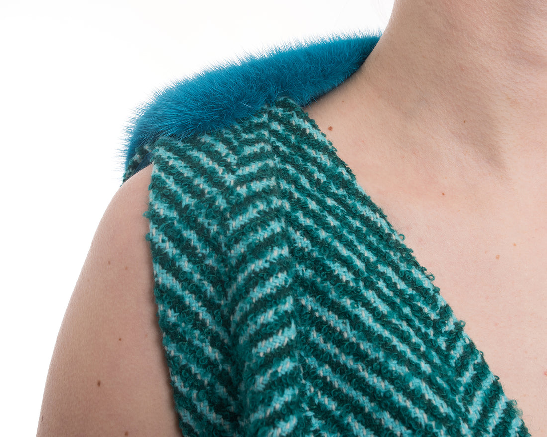 Prada Fall 2015 Runway Green Tweed Sleeveless Top with Blue Mink Trim - 6
