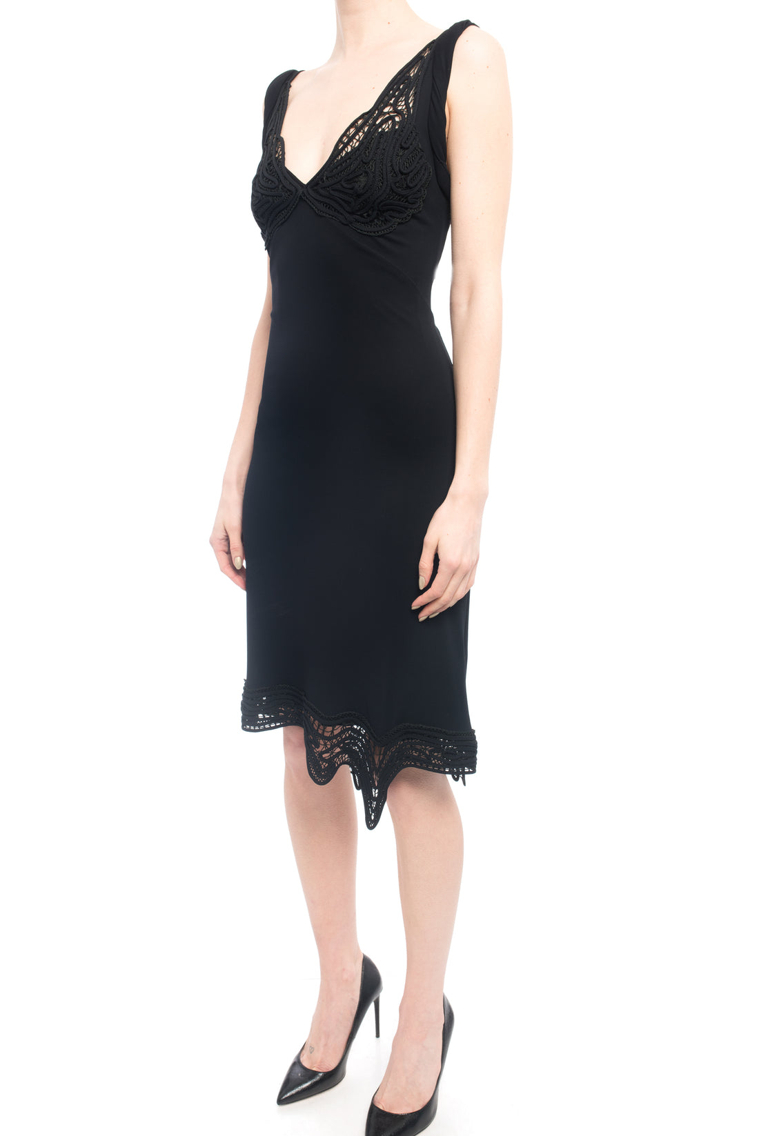Jean Paul Gaultier Femme Black Jersey Dress with Lace Trim - S