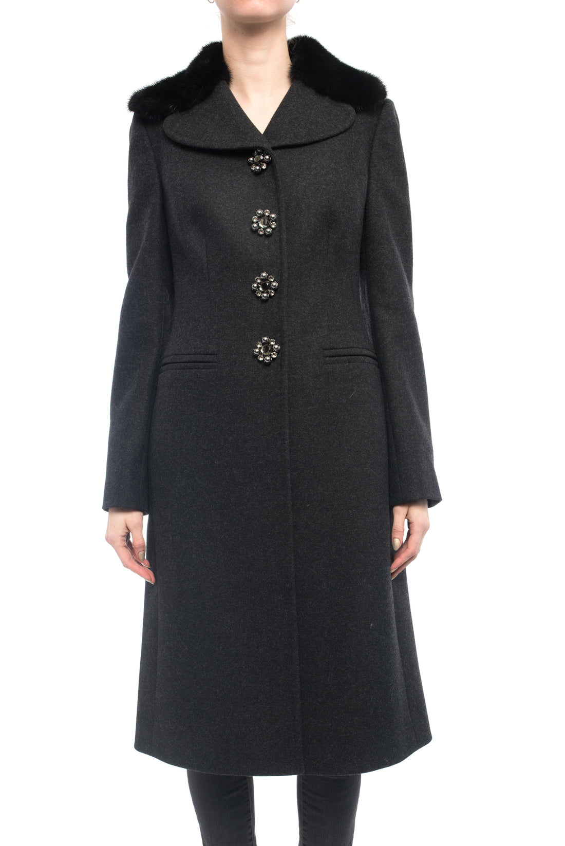 Dolce & Gabbana Charcoal Grey Mink Collar Wool Coat with Jewel Buttons - S
