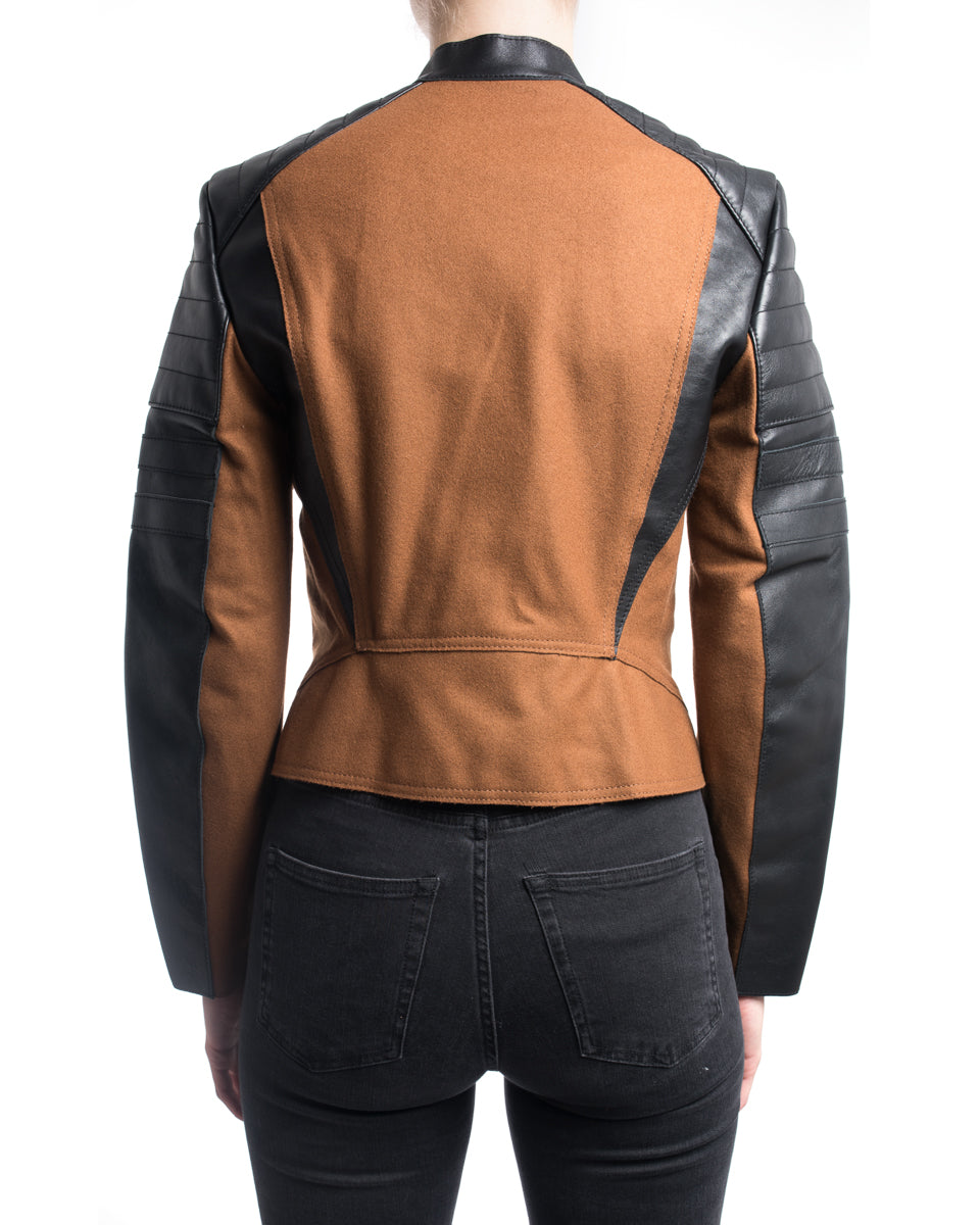 Phillip Lim Brown Wool and Black Leather Moto Biker Jacket - 2
