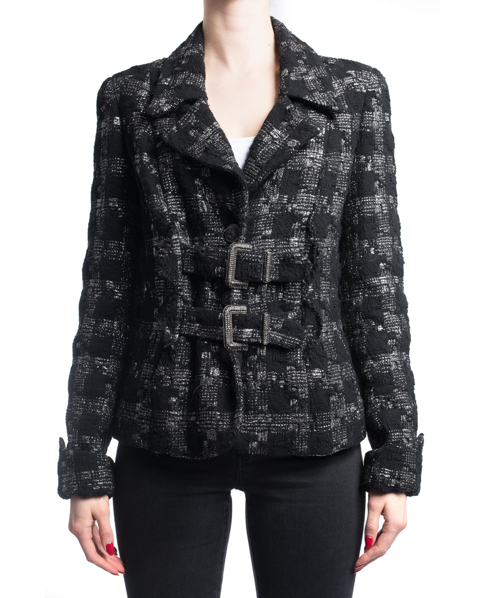Chanel Black / Silver Metallic Tweed Jacket with Buckles