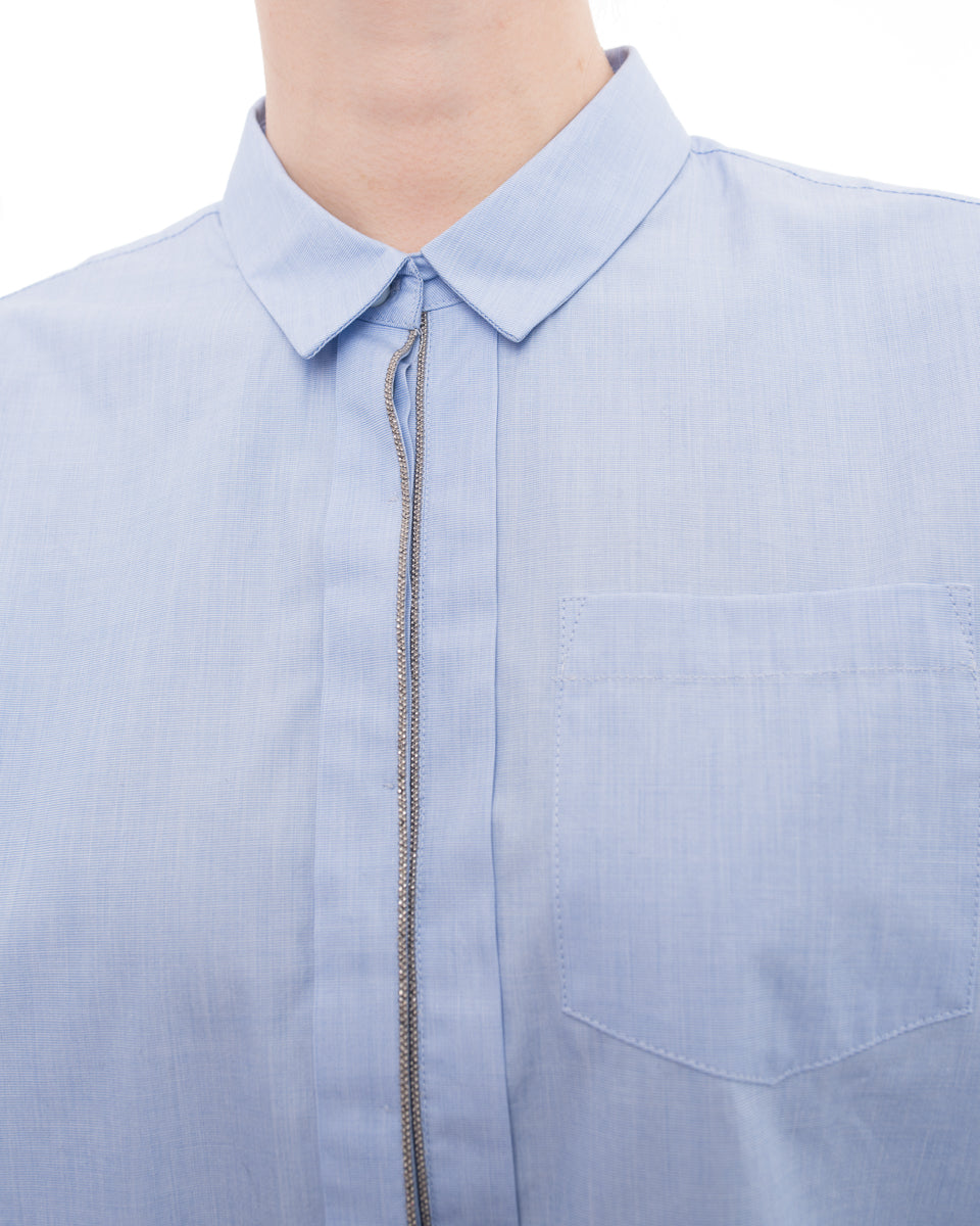 Brunello Cucinelli Blue Cotton Button Down Long Sleeve Shirt with Bead Trim