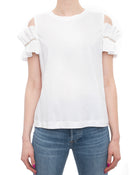 Brunello Cucinelli White Cotton Cold Shoulder T Shirt with Bead Trim - S