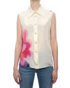 Chanel 2015 Spring Runway Ivory Silk Sleeveless Blouse with Watercolor Pink Floral CC - 38