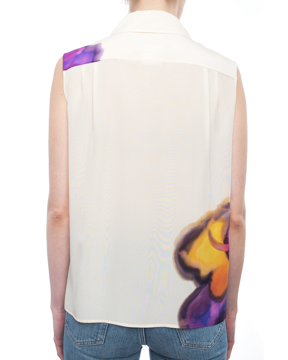 Chanel 2015 Spring Runway Ivory Silk Sleeveless Blouse with Watercolor Pink Floral CC - 38