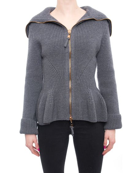 Alexander McQueen Grey Knit Zipper Front Peplum Sweater - M