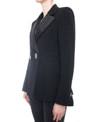 Chanel Black Tweed Jacket with Satin Lapel and Rhinestone CC Jewel Buttons