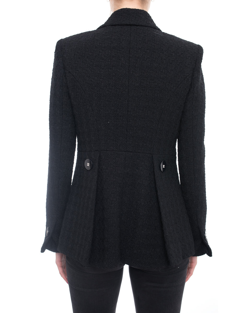 1990s Chanel Black Tweed and Fruit Pattern Silk Jacket