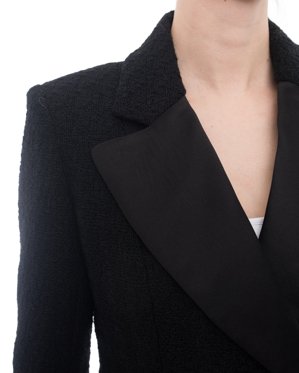 Chanel Pre-Fall 2017 Black Tweed Jacket with Satin Lapel / Rhinestone CC  Jewel Buttons - 38