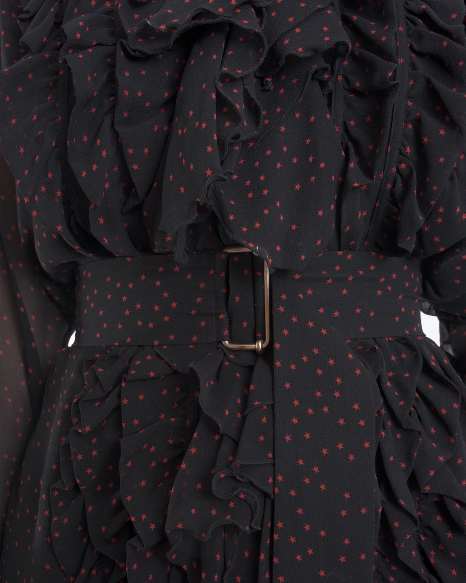 Dries Van Noten Sheer Black Shirt Dress with Red Stars - M