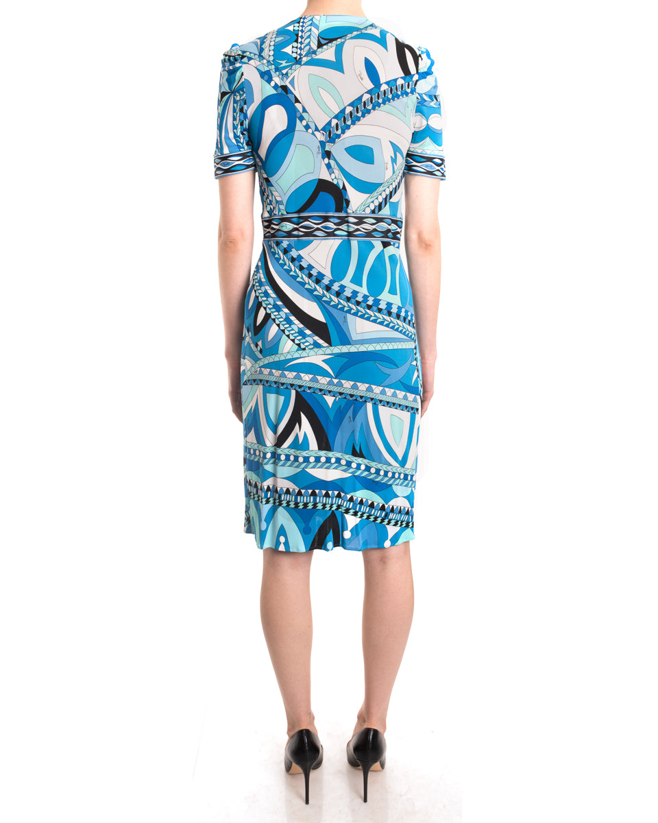 Emilio Pucci Blue Op Art Beaded Jersey Short Sleeve Dress - 6