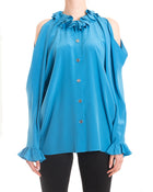 Chanel Spring 2017 Runway Turquoise Blue Silk Ruffle Cold Shoulder Blouse - 6