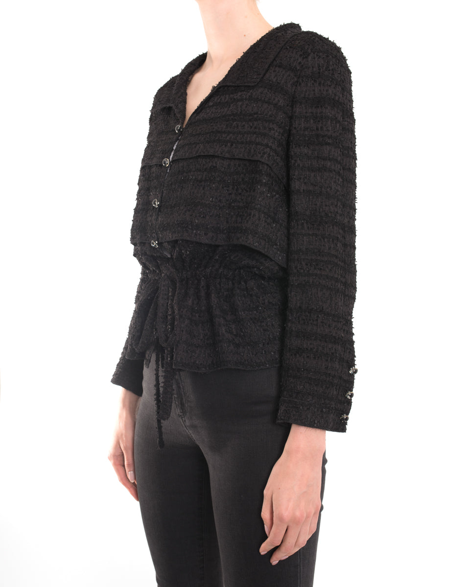 Chanel Black Textured Light Jacket with Drawstring Waist - 38