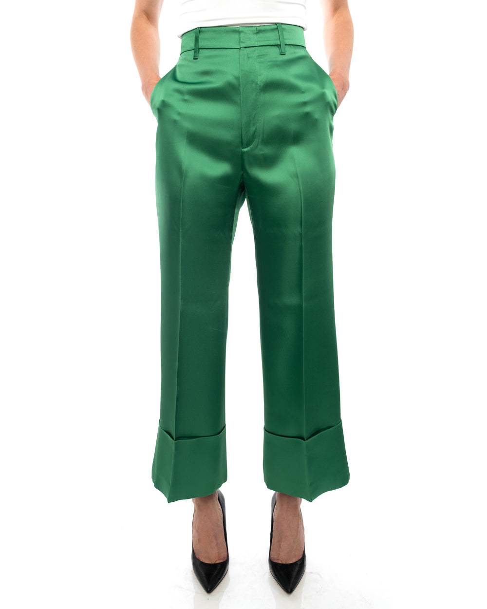 Gucci Green Satin Wide Leg Cuff Trouser Pants - 4