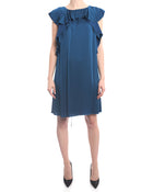 Lanvin Blue Satin Ruffle Sleeveless Shift Dress - 6