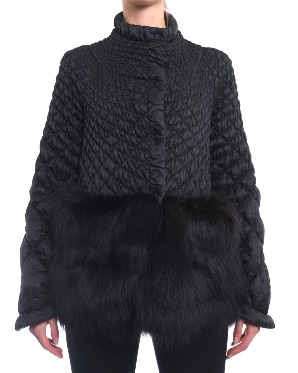 Ermanno Scervino Black Light Quilt Jacket with Fox Fur Trim - M