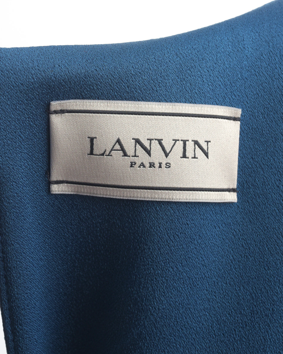 Lanvin Blue Satin Ruffle Sleeveless Shift Dress - 6