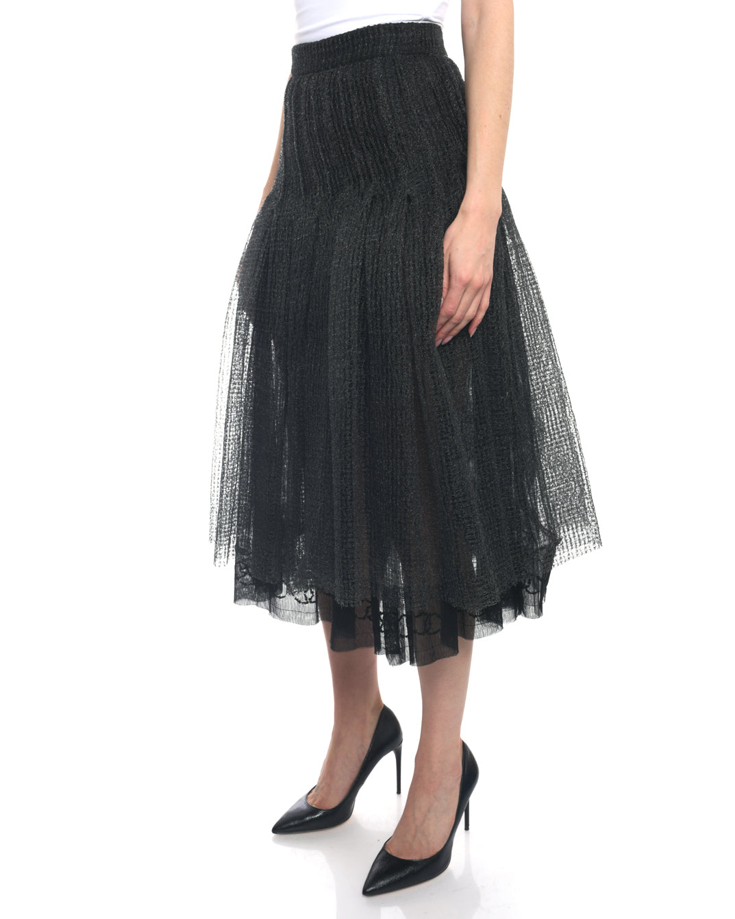 Chanel 11P Black Mesh Tulle Midi Skirt with CC Embroidery - 4 – I MISS ...