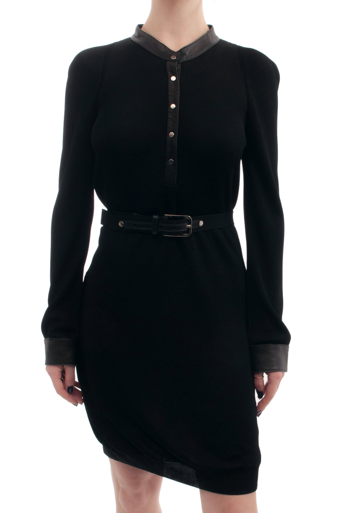 Gucci Black Knit Jersey Belted Dress with Leather trim