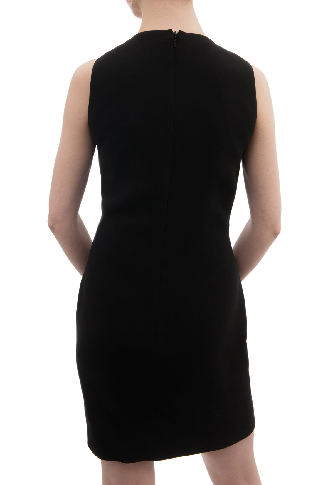 Gucci Black Silk Sleeveless Dress with Gold Metal Plaque at Neck