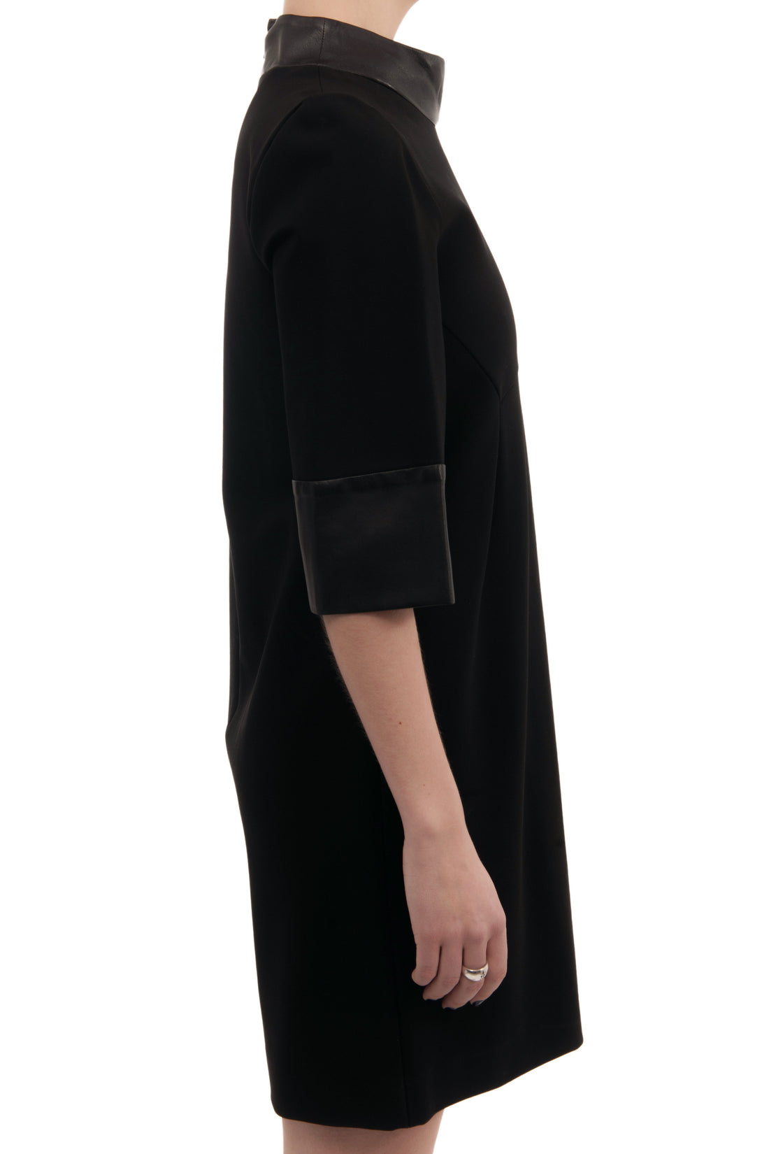 Gucci Black Stretch Crepe Dress with Leather Cuffs and Collar