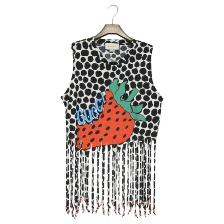 Gucci Black and White Spotted Cotton Strawberry Print Beaded Fringe Tank Top - L