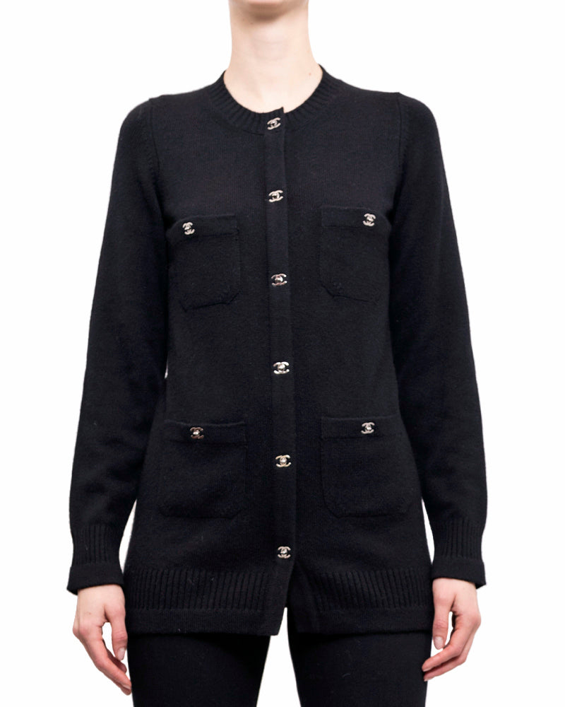 Chanel Cr95 #38 Cc Button Ensemble Cardigan Tops 100% Cashmere Black
