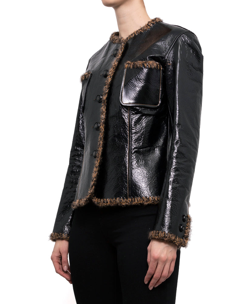 Chanel Pre-Fall 2017 Black Lambskin Leather Tweed Trim Jacket - 38