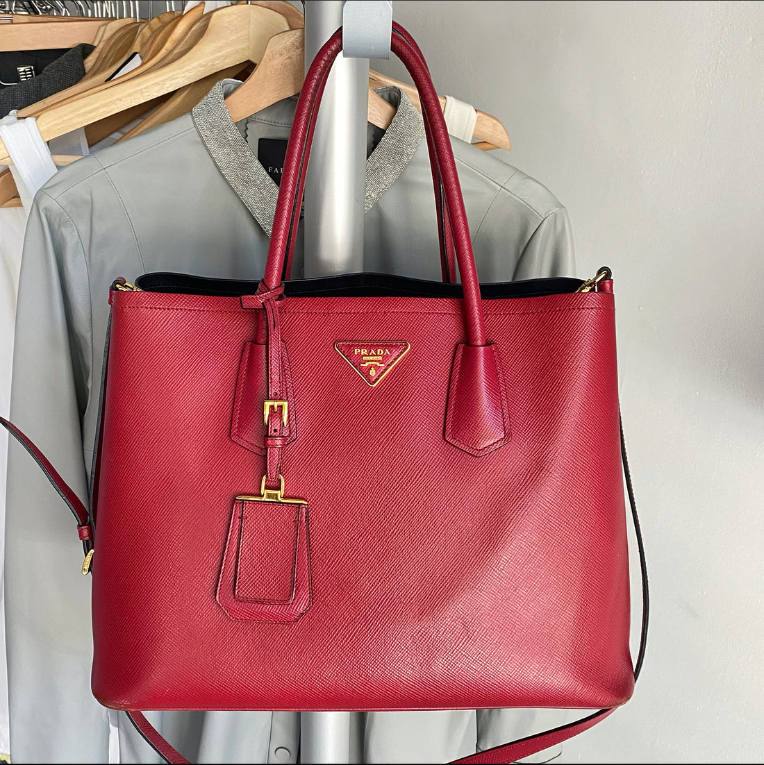 Prada, Bags, Prada Red Saffiano Lux Leather Tote Bag