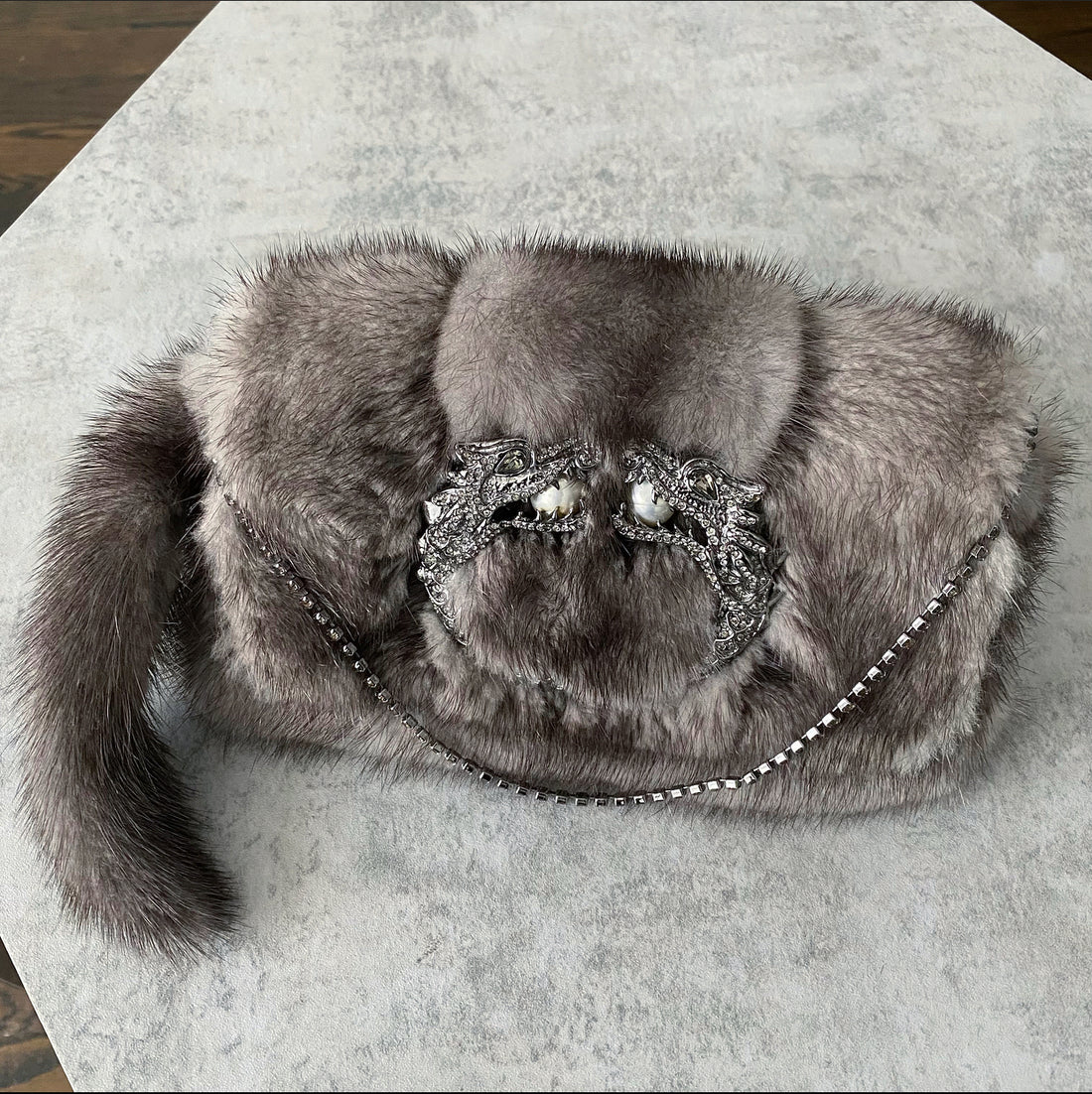 Gucci Tom Ford 2004 Grey Mink Fur Mini Dragon Evening Bag