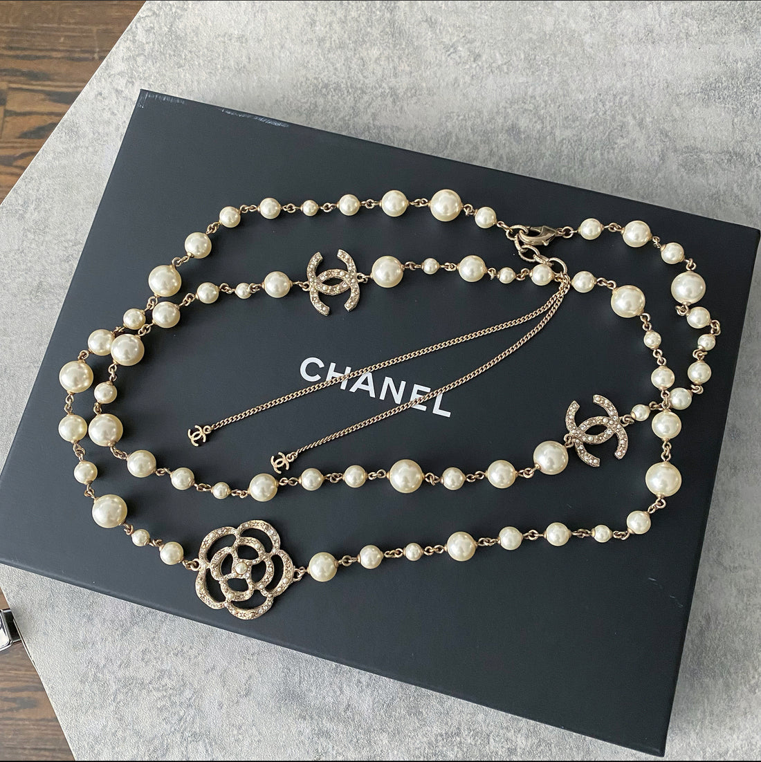 Chanel 14V Pearl and Camelia CC Long Single Strand Necklace