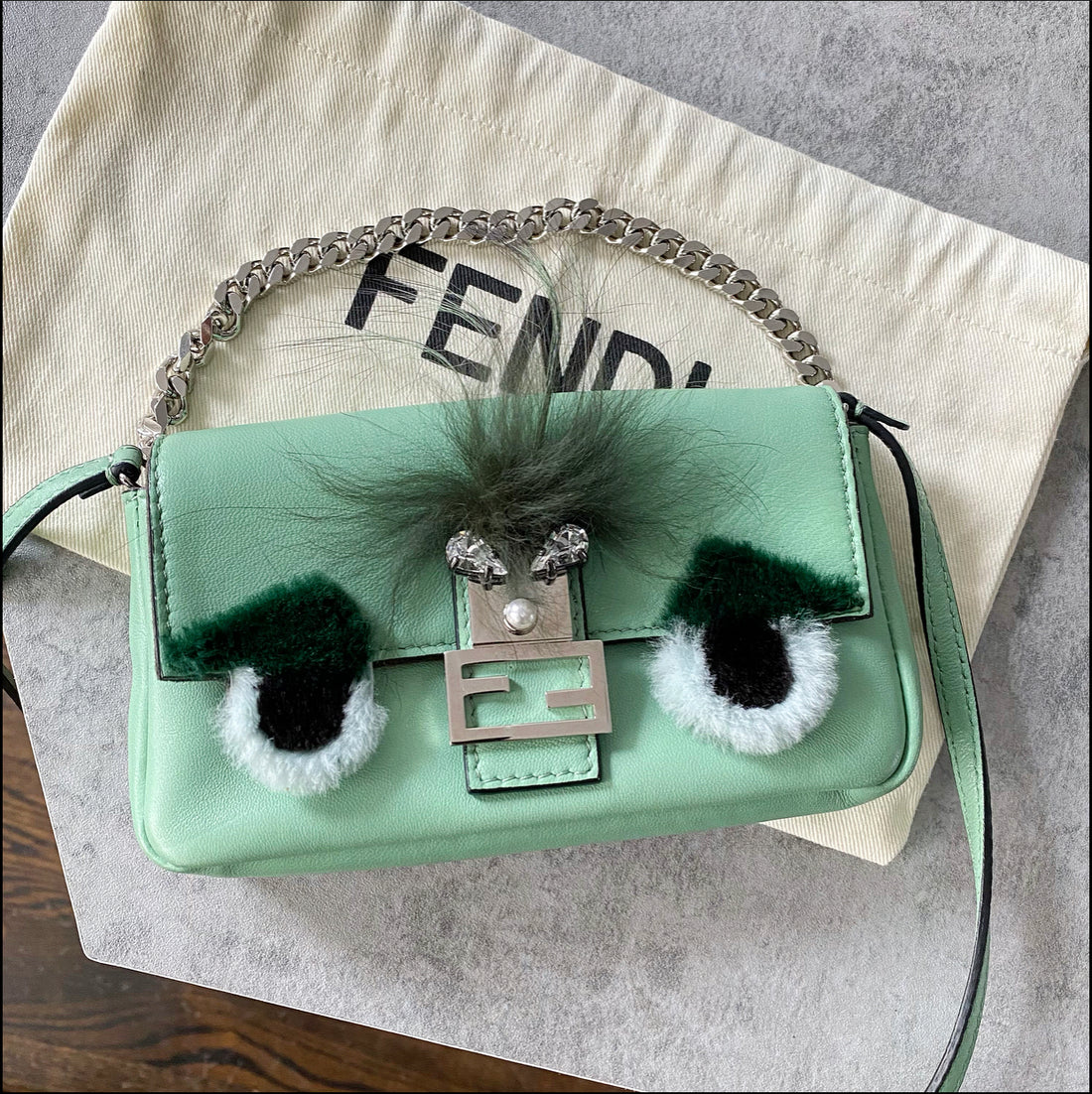 Fendi Mint Green Micro Monster Baguette Crossbody Bag