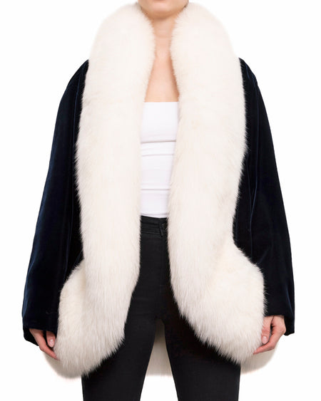 YSL Haute Couture 1962-2002 Navy Velvet White Fox Fur Evening Coat - S/M