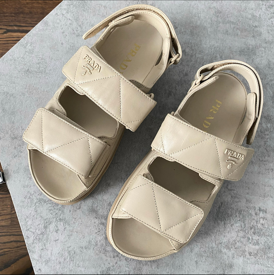 Prada Beige Flat Quilted Leather Sandals - 37 / 7