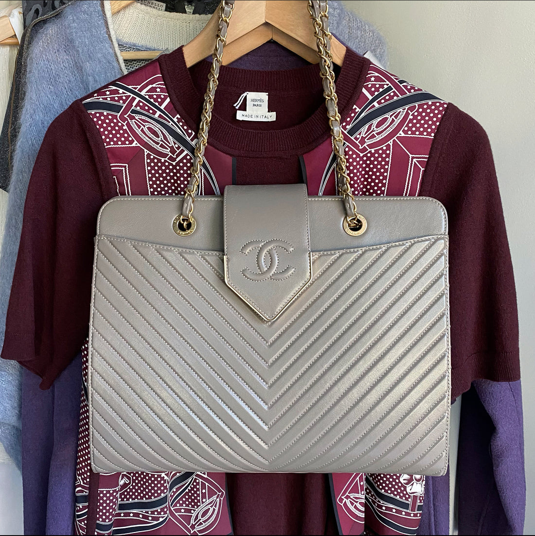 Chanel Collar and Tie Taupe Chevron Leather Tote Bag