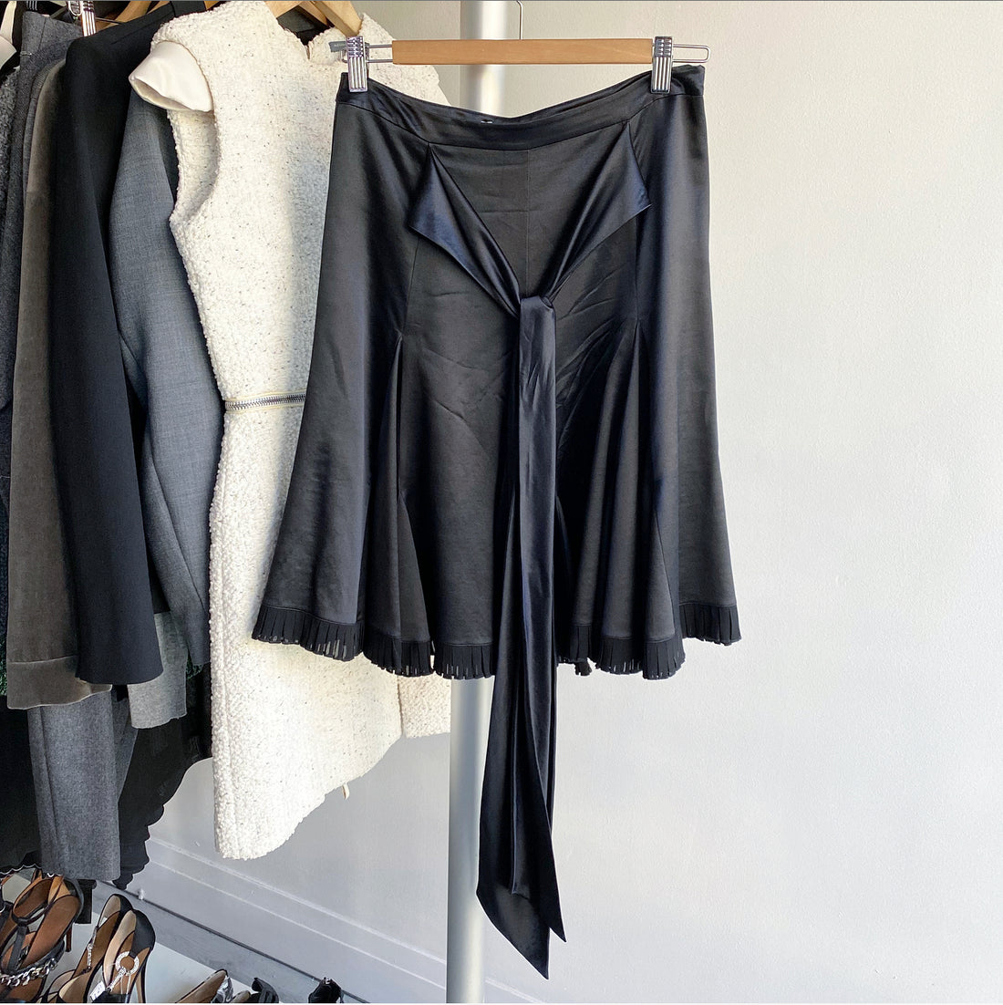 Emilio Pucci Black Silk Satin Flare Skirt with Sash Belt - S