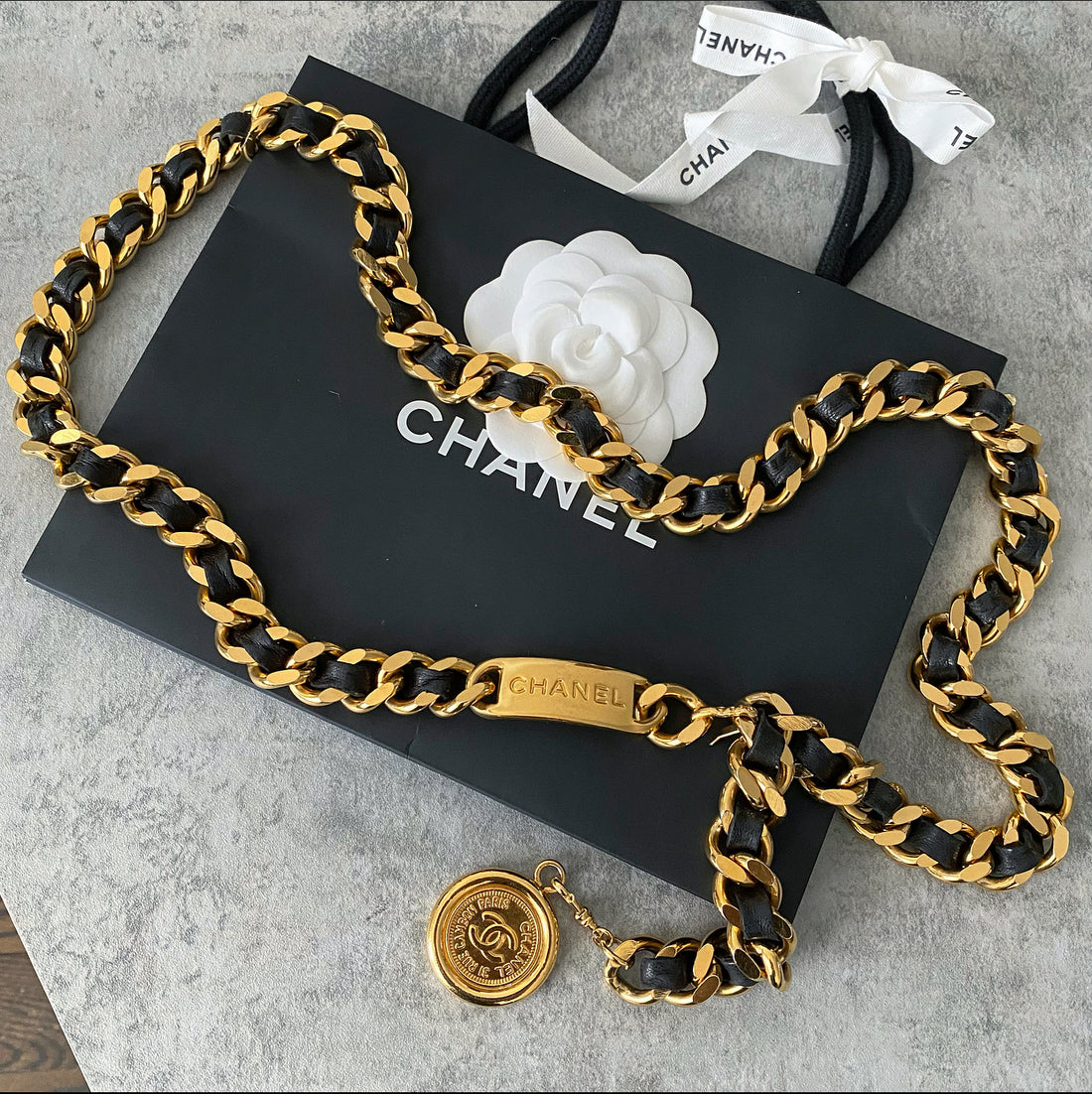Chanel // Black Leather Buckle & Chain Medallion Belt – VSP Consignment