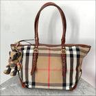 Burberry Fabric Check Tote Bag with Teddy Bear Charm