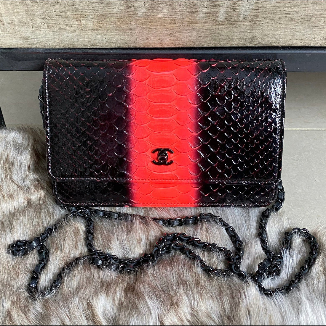 Chanel So Black and Neon Orange Python Wallet on Chain WOC