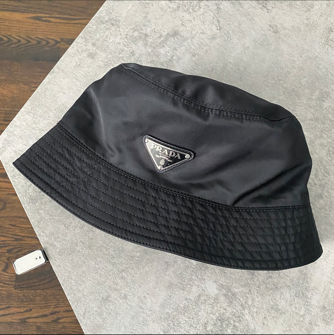 Prada Black Re-Nylon Tessuto Bucket Hat with Logo Plaque