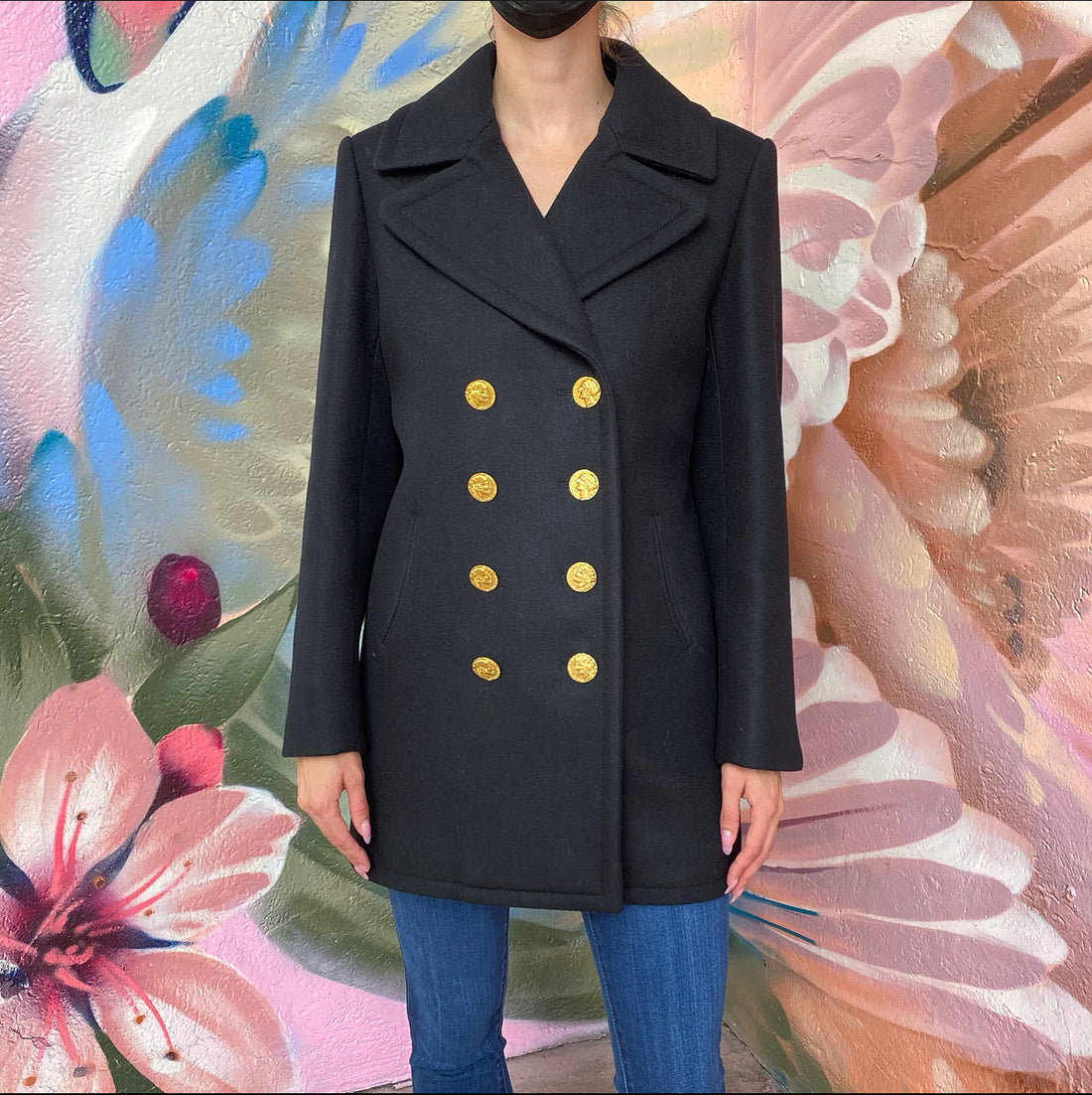 Chanel 16A Black Cashmere Coat with Gold Roman Coin Buttons - FR36 / 38