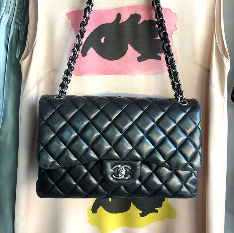 Chanel Lambskin Black Classic Jumbo Double Flap Silver Bag – I