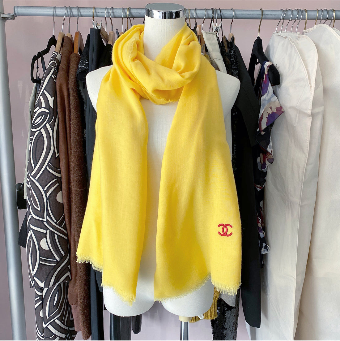Chanel Yellow CC Logo Cashmere Silk Large Shawl Wrap Scarf