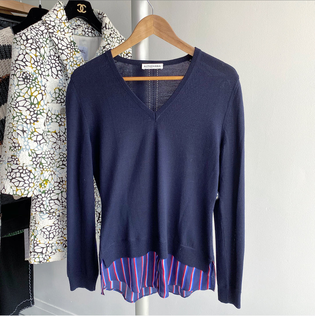 Altuzarra Colbery Navy Knit Top with Striped Shirt Inset - S