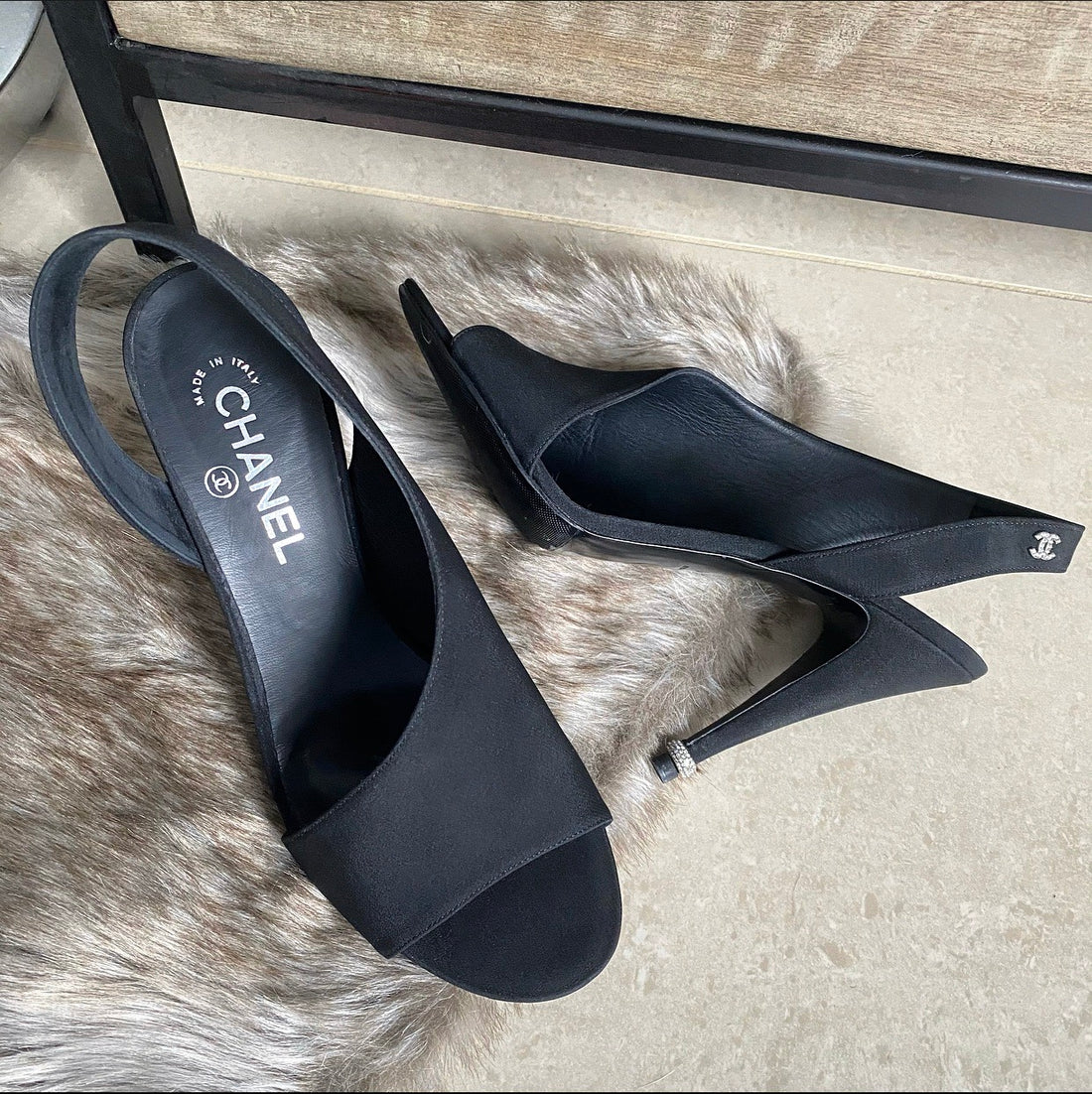 Chanel Black Fabric Slingback Pumps with Crystal CC and Heels